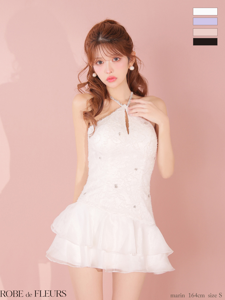 ティアード ガーリー ホルターネック フラワーレース フレアミニドレス