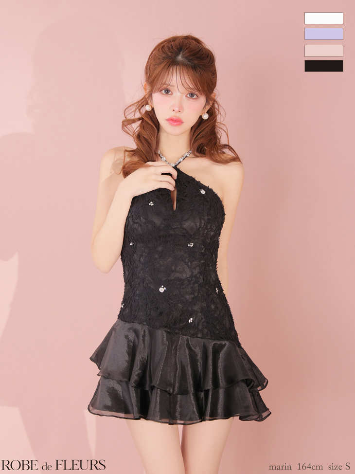 ティアード ガーリー ホルターネック フラワーレース フレアミニドレス