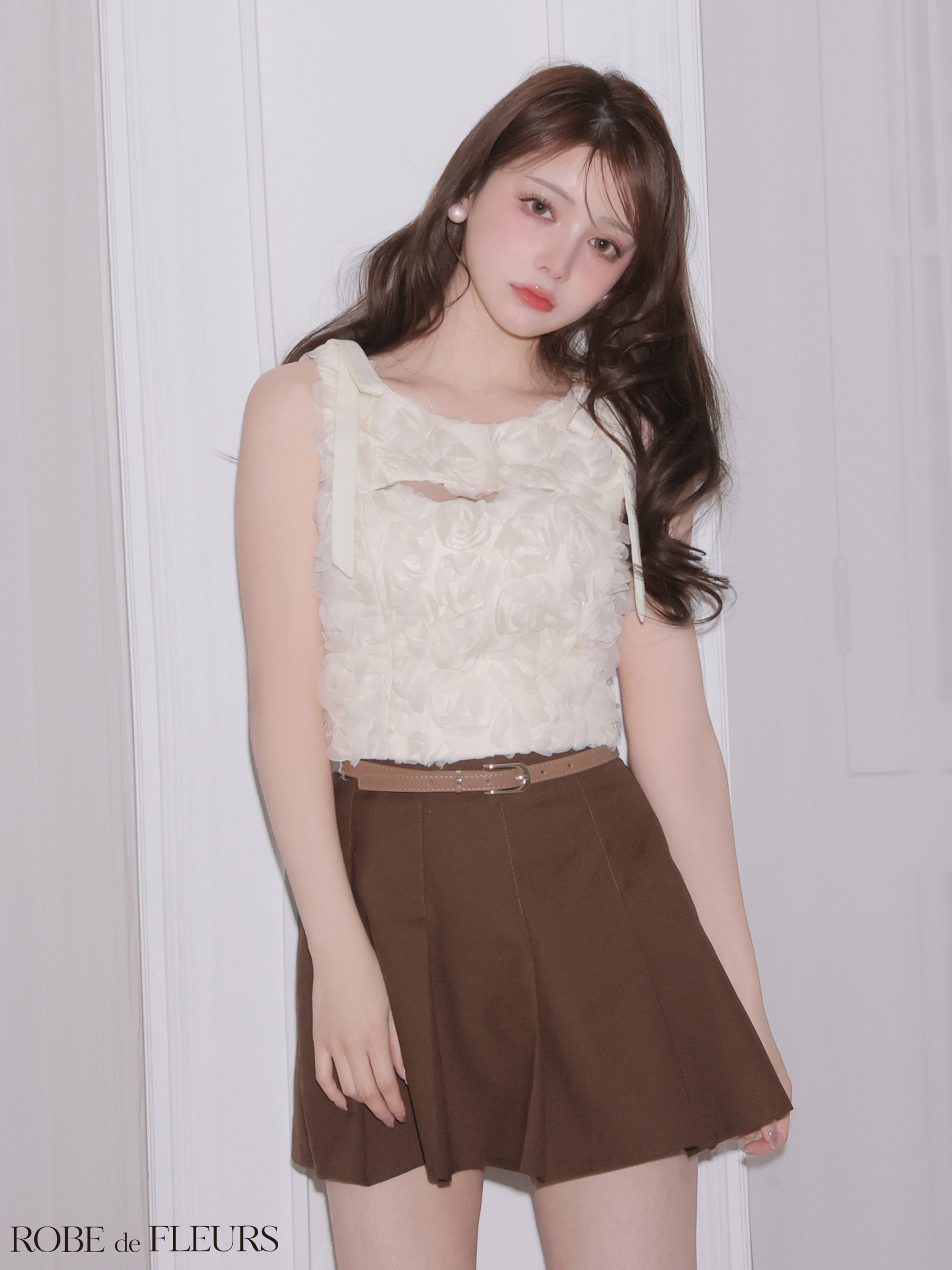 バストカット フラワーレース ウエストベルト セットアップ プリーツスカート ノースリーブ ショルダーリボン フレアミニドレス