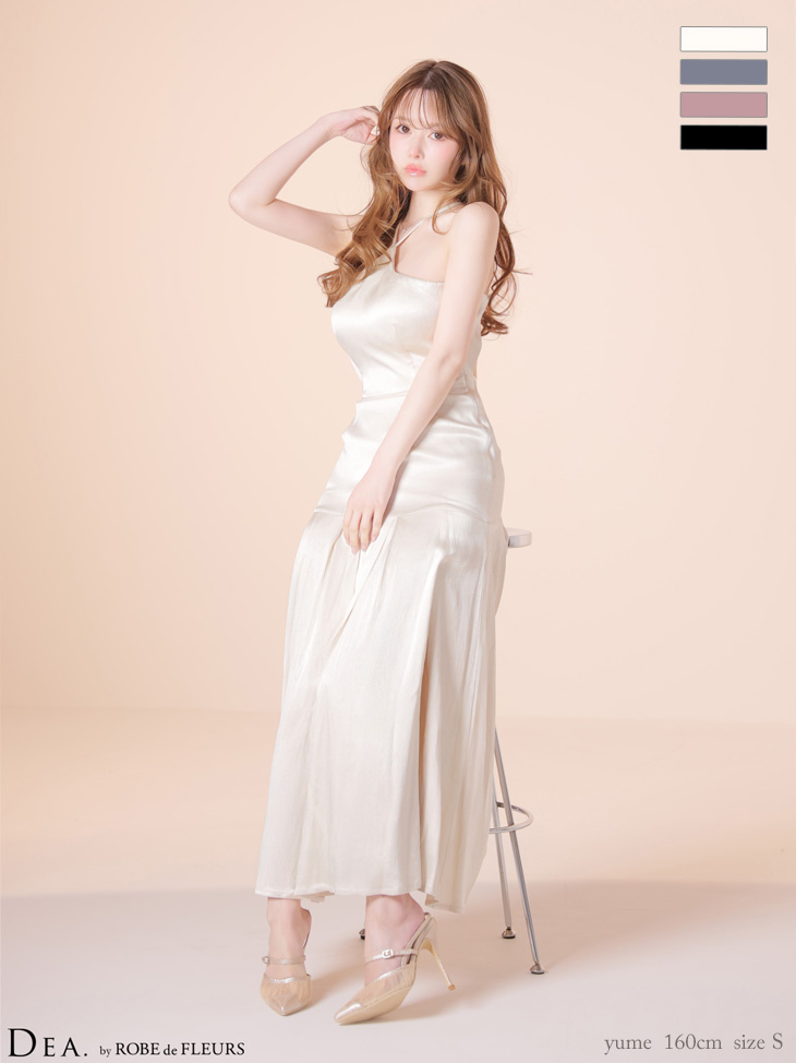 バックオープン ホルターネック ラメジャガード ボックスプリーツ フレアロングドレス