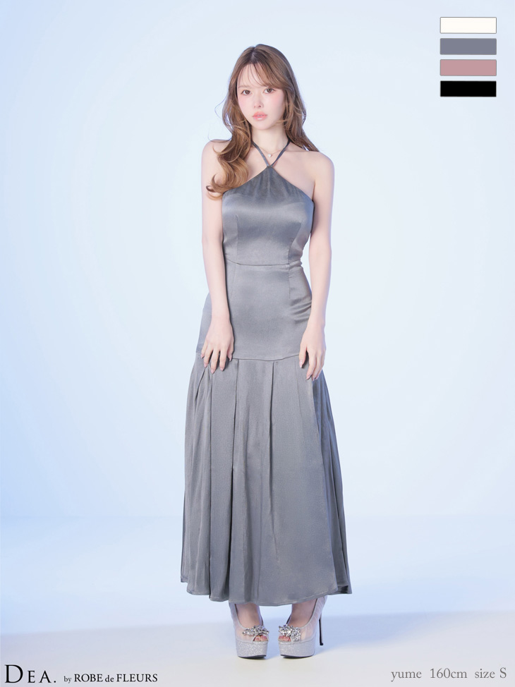 バックオープン ホルターネック ラメジャガード ボックスプリーツ フレアロングドレス