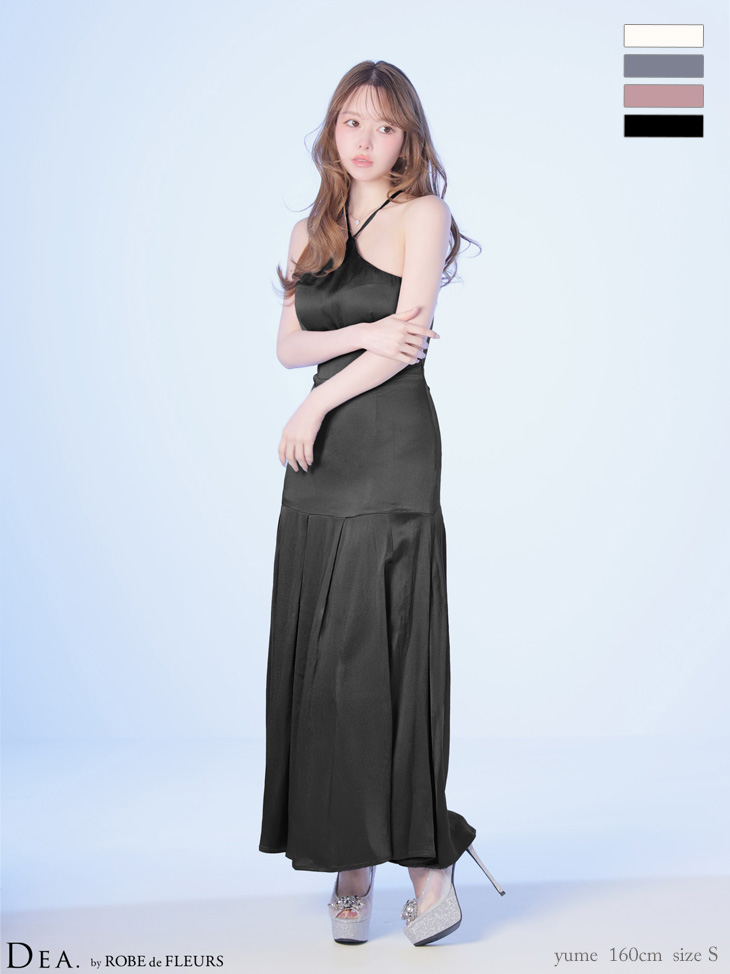 バックオープン ホルターネック ラメジャガード ボックスプリーツ フレアロングドレス