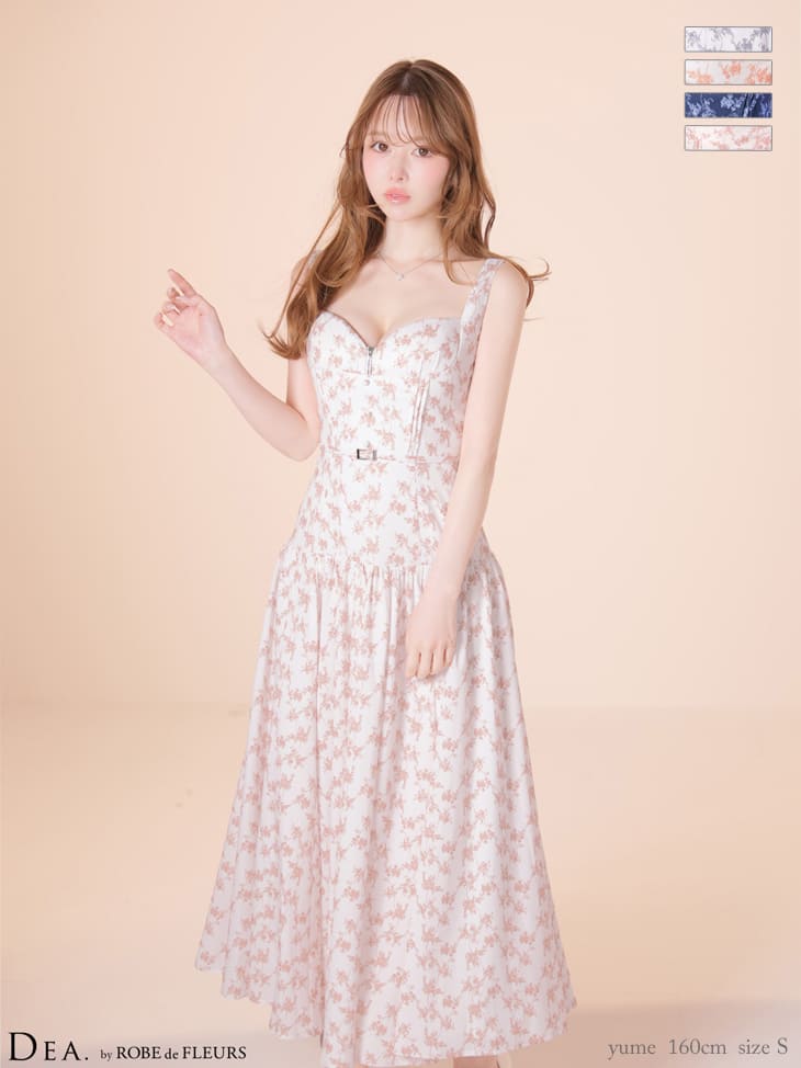 ノースリーブ ハートカット ジップデザイン ウエストベルト ギャザー マットサテン フラワー Aラインロングドレス