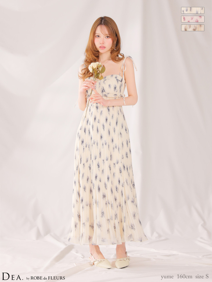 プリーツ フラワープリント シフォン キャミソール Aラインロングドレス