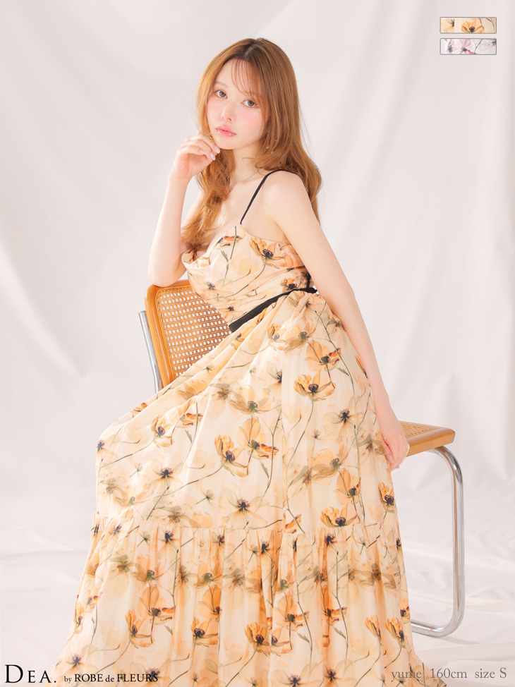 フラワープリント シフォン キャミソール ティアード Aラインロングドレス