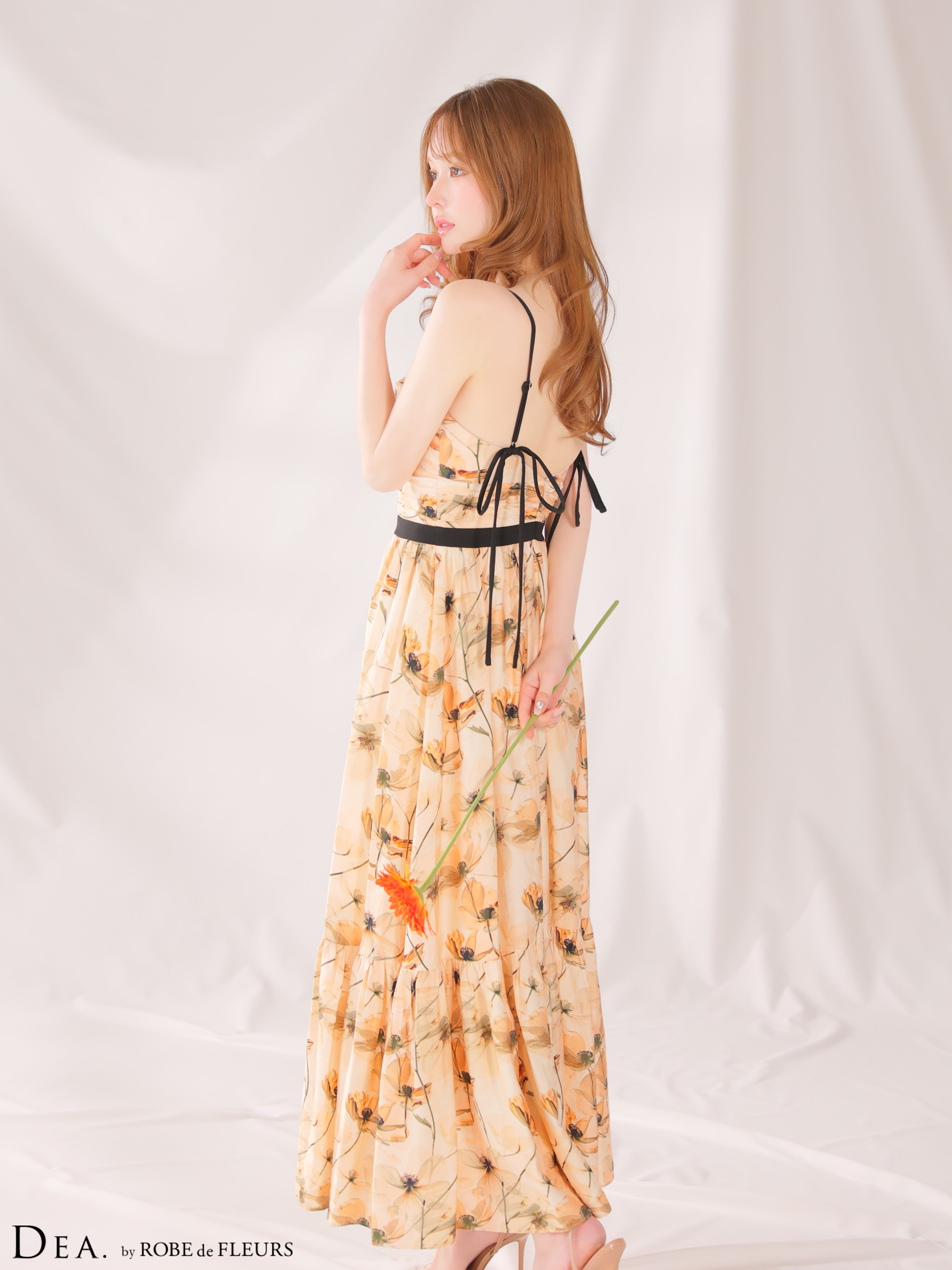 フラワープリント シフォン キャミソール ティアード Aラインロングドレス