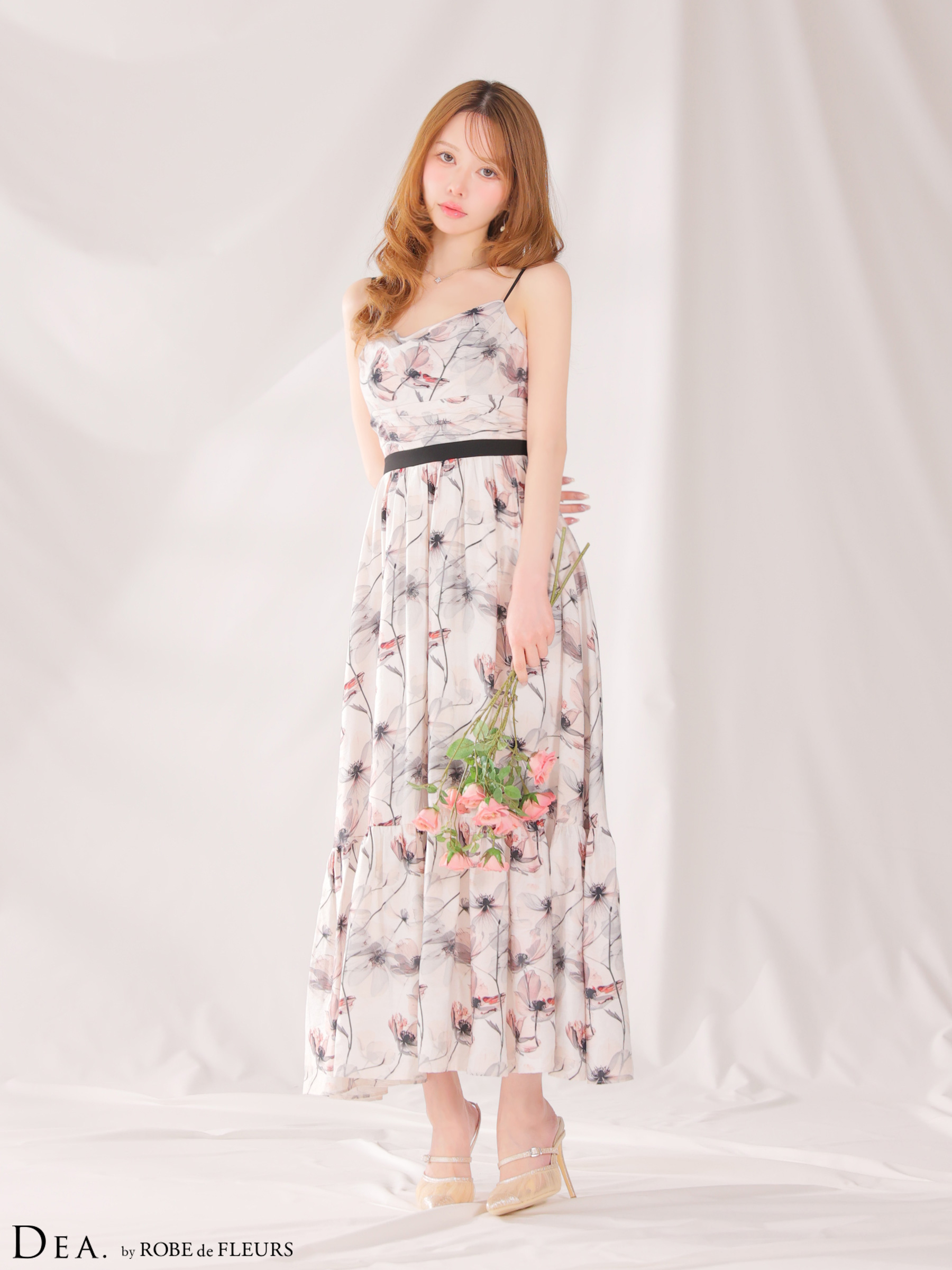 フラワープリント シフォン キャミソール ティアード Aラインロングドレス