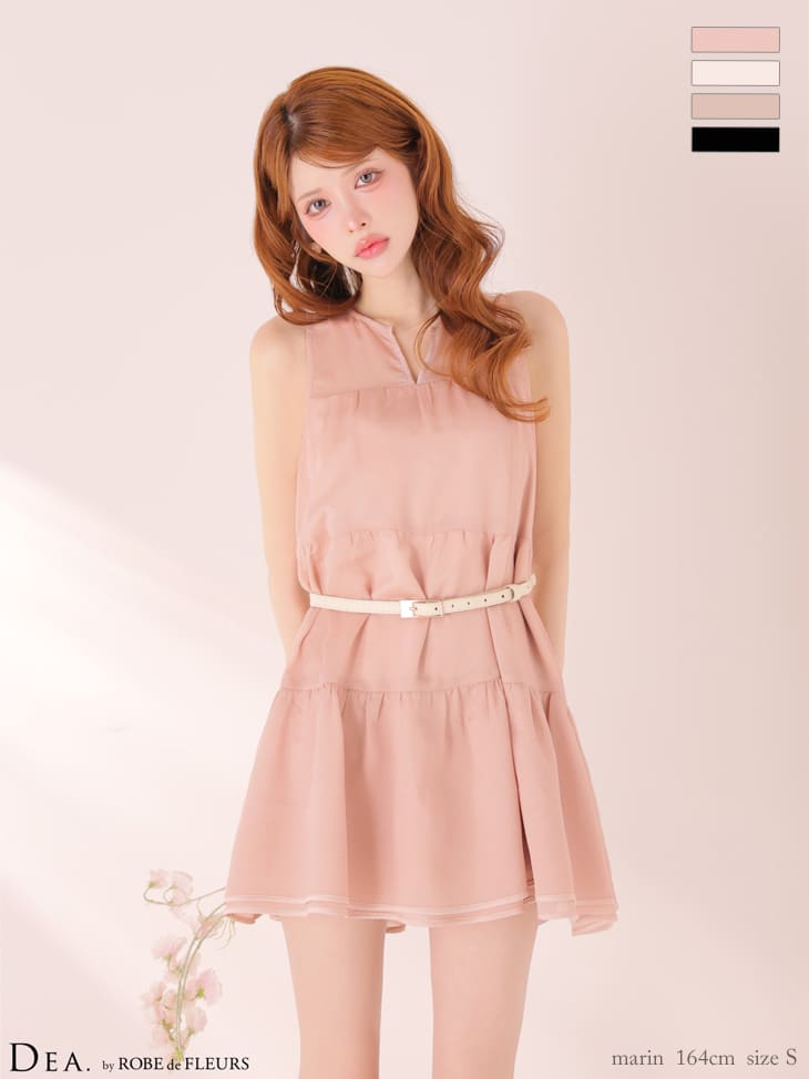 ノースリーブ ギャザー ウエストベルト ティアード シフォン ワンカラー フレアミニドレス