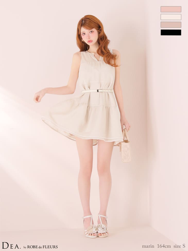 ノースリーブ ギャザー ウエストベルト ティアード シフォン ワンカラー フレアミニドレス