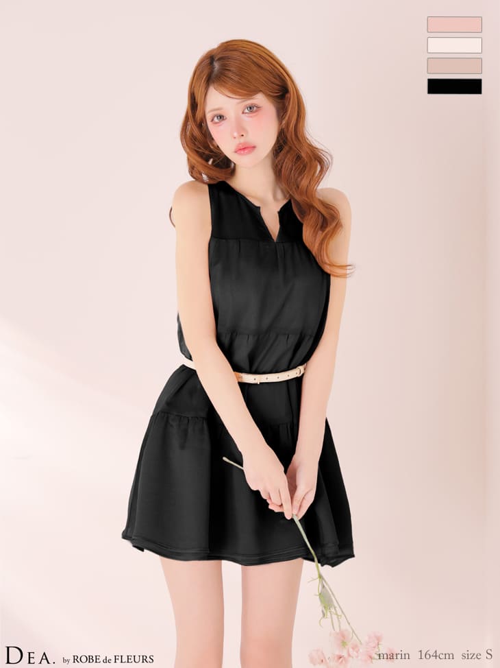 ノースリーブ ギャザー ウエストベルト ティアード シフォン ワンカラー フレアミニドレス