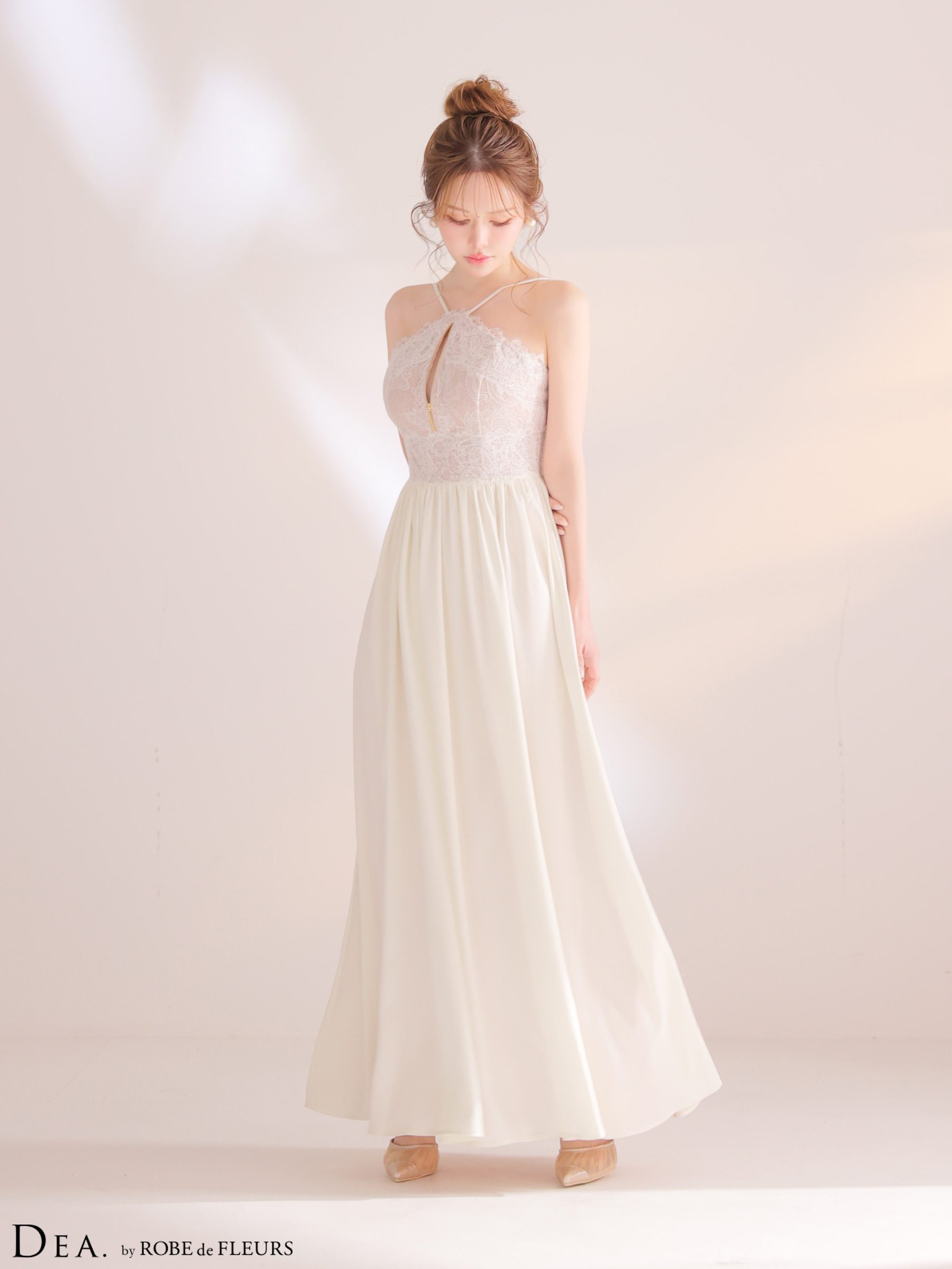 クロスデザイン ジップデザイン レース ギャザー Aラインロングドレス