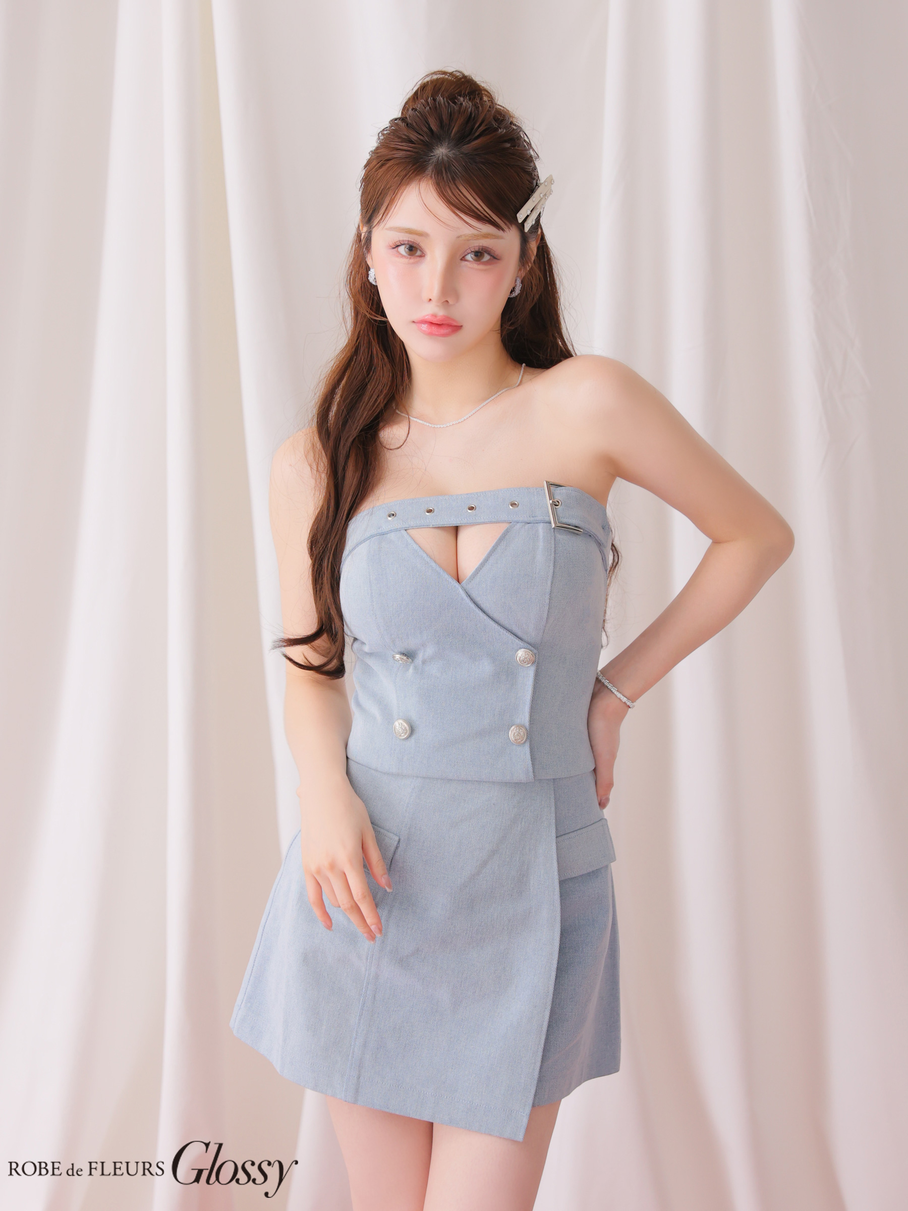 デニム セットアップ トレンチ ベルトデザイン ベアトップ フレアミニドレス