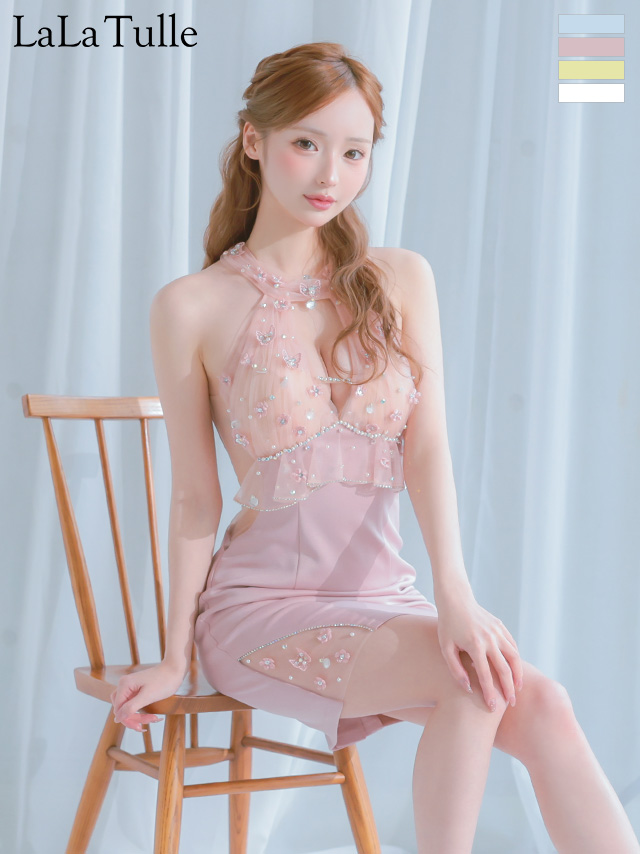 くびれ透け バストカット ホルターネック フラワー レース フリル ビジュー フェミニン タイトミニドレス