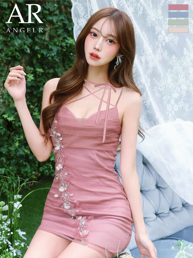 クロスネック キャミソール リボン アシンメトリー ラメ ビジュー フラワー メッシュ タイトミニドレス