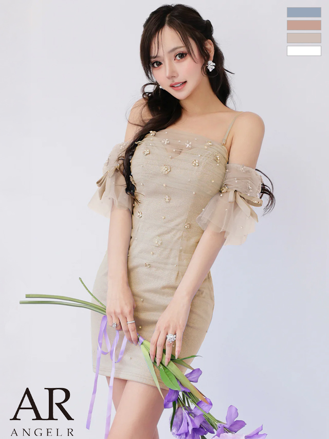 オフショル風 フラワー リボン メッシュ ベアトップ ビジュー フェミニン シアースリーブ キャミソール タイトミニドレス