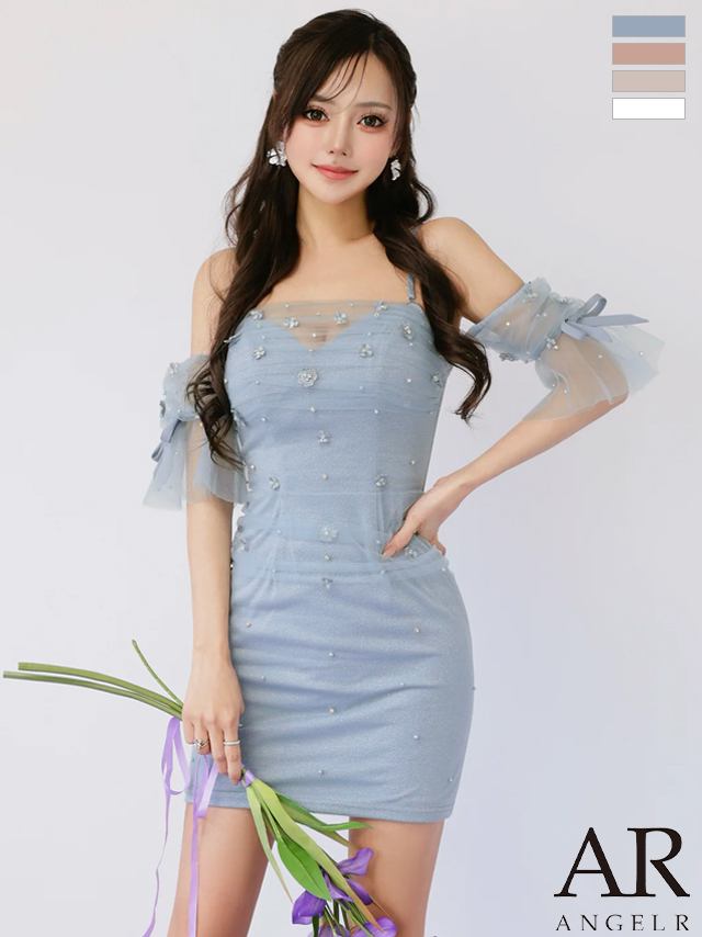 オフショル風 フラワー リボン メッシュ ベアトップ ビジュー フェミニン シアースリーブ キャミソール タイトミニドレス