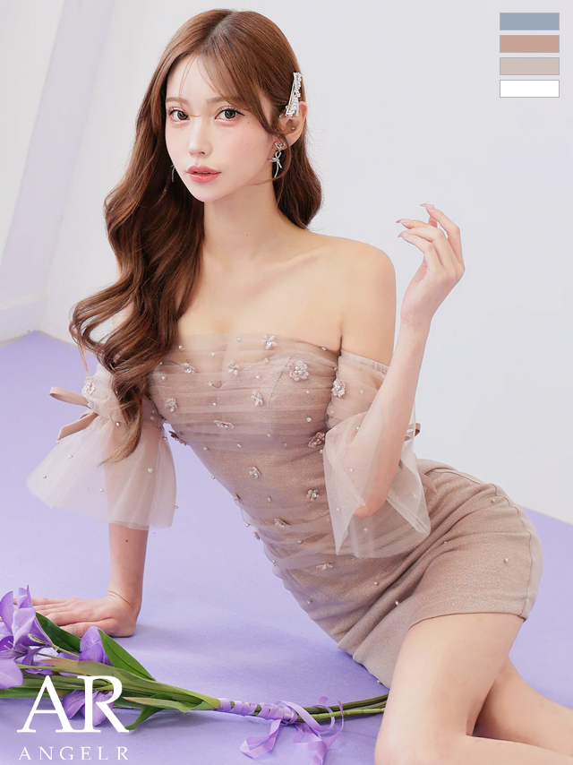 オフショル風 フラワー リボン メッシュ ベアトップ ビジュー フェミニン シアースリーブ キャミソール タイトミニドレス