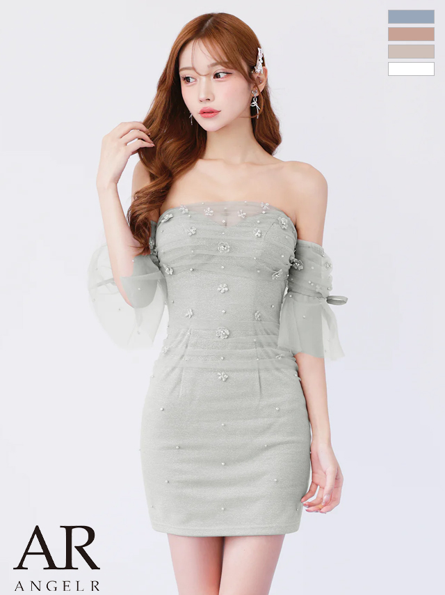 オフショル風 フラワー リボン メッシュ ベアトップ ビジュー フェミニン シアースリーブ キャミソール タイトミニドレス