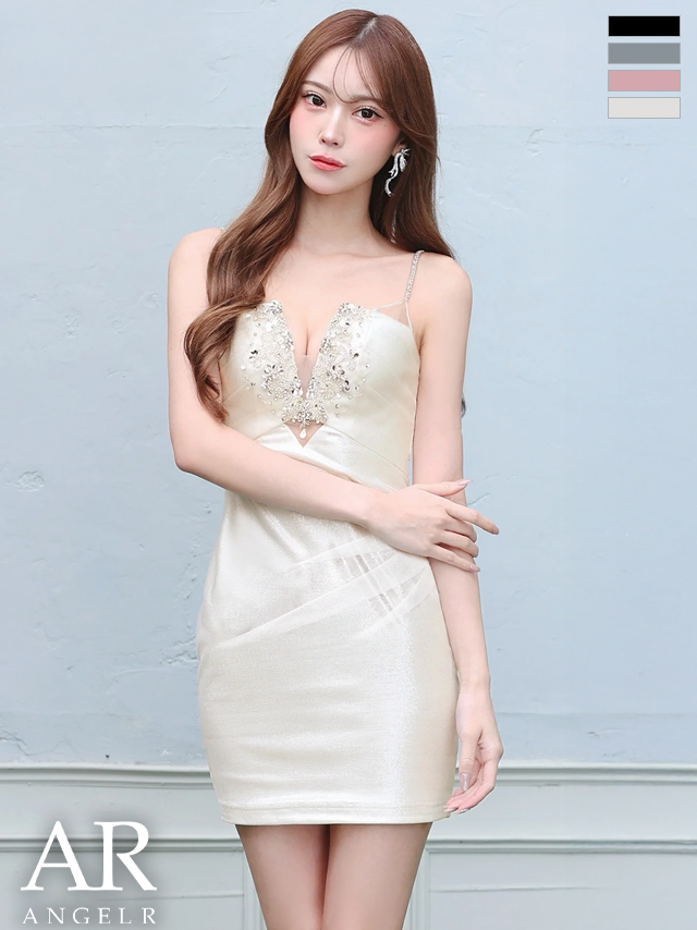 キャミソール バストVカット ウエストタック ビジュー タイトミニドレス