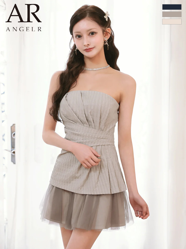 ベアトップ ウエストタック フリル シフォン フレアミニドレス