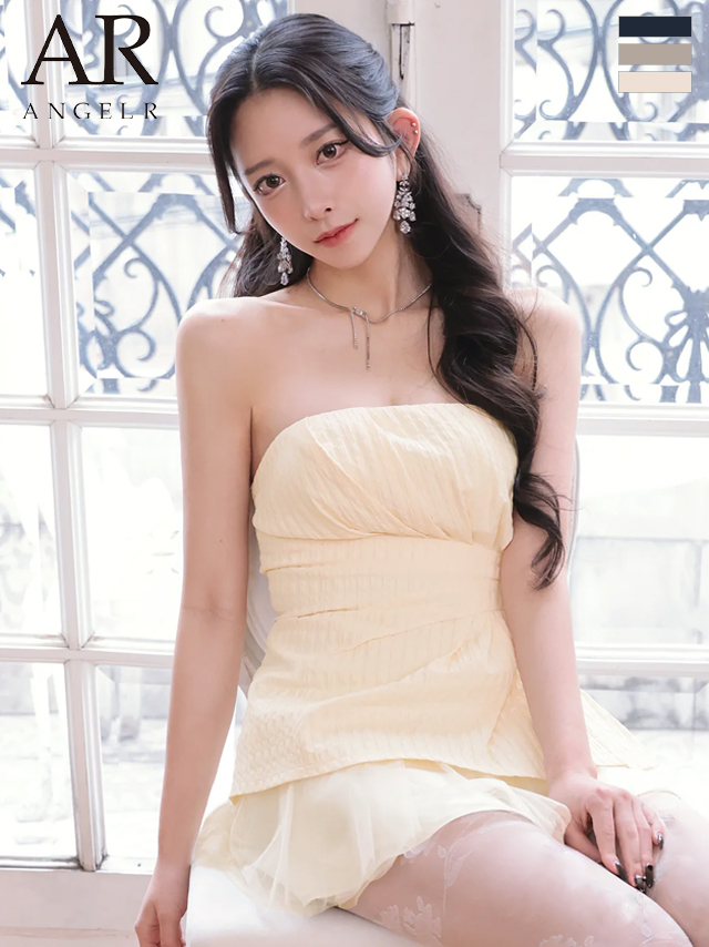 ベアトップ ウエストタック フリル シフォン フレアミニドレス