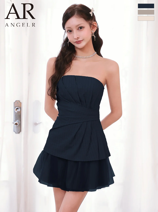 ベアトップ ウエストタック フリル シフォン フレアミニドレス