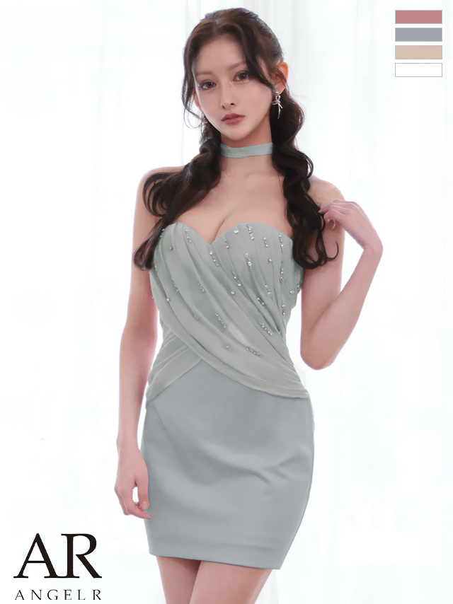 2way ベアトップ チョーカー フロントドレープ ビジュー タイトミニドレス