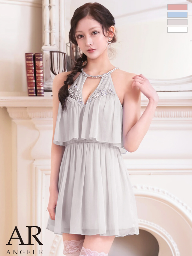 ホルターネック バストカット レイヤード風 ビジュー スパンコール シフォン フレアミニドレス