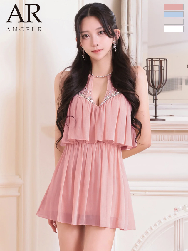 ホルターネック バストカット レイヤード風 ビジュー スパンコール シフォン フレアミニドレス