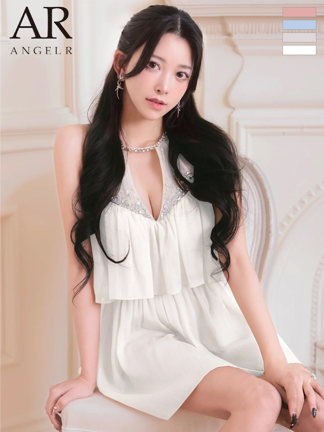 ホルターネック バストカット レイヤード風 ビジュー スパンコール シフォン フレアミニドレス