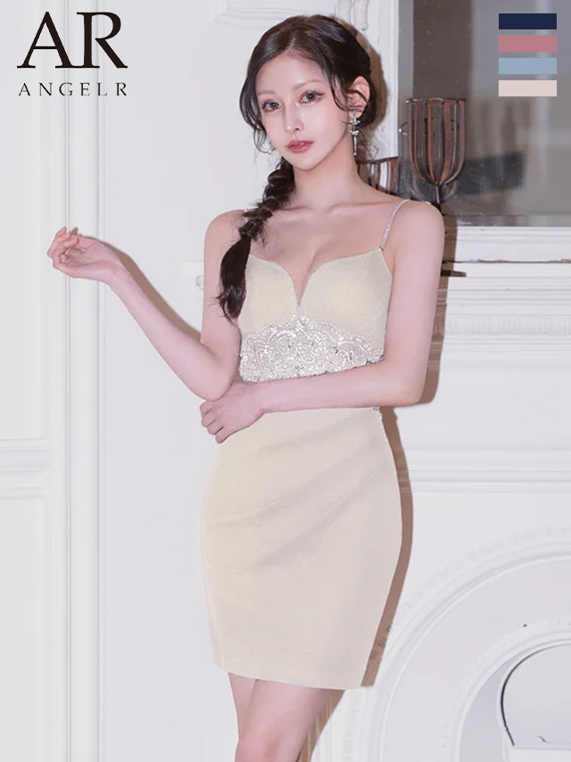 キャミソール ビジュー ラメ Vカット ウエストタック レース メッシュ タイトミニドレス