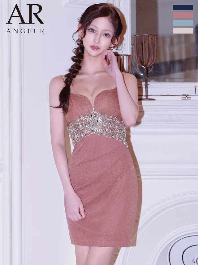 キャミソール ビジュー ラメ Vカット ウエストタック レース メッシュ タイトミニドレス