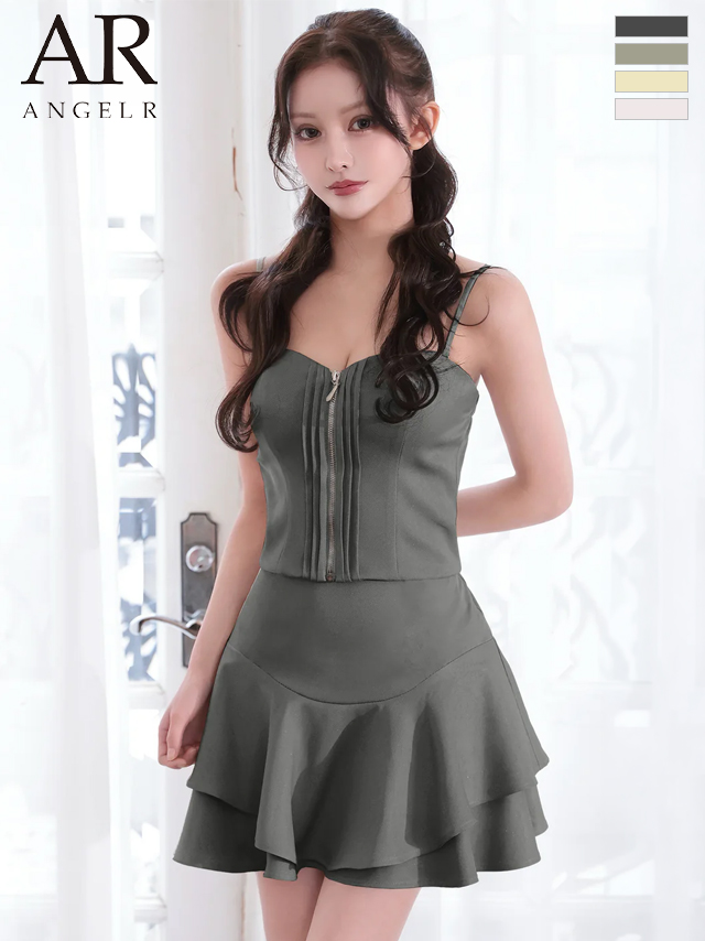 2way ベアトップ キャミソール ハートカット ジップデザイン フリル セットアップ フレアミニドレス