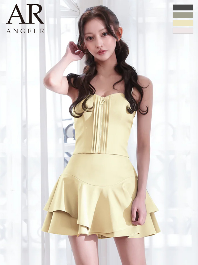 2way ベアトップ キャミソール ハートカット ジップデザイン フリル セットアップ フレアミニドレス