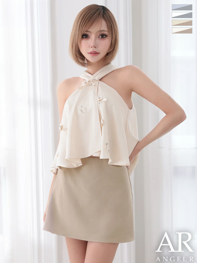 セットアップ ホルターネック シフォン フラワー バイカラー フレアミニドレス