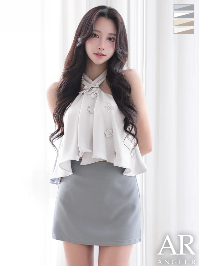 セットアップ ホルターネック シフォン フラワー バイカラー フレアミニドレス