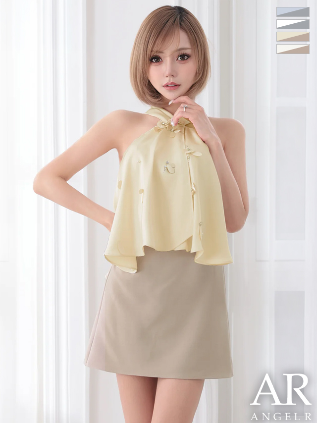 セットアップ ホルターネック シフォン フラワー バイカラー フレアミニドレス