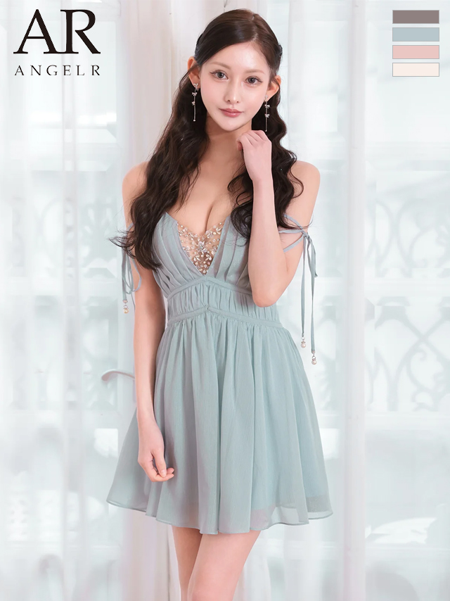 キャミソール リボン Vカット バストビジュー シフォン フレアミニドレス