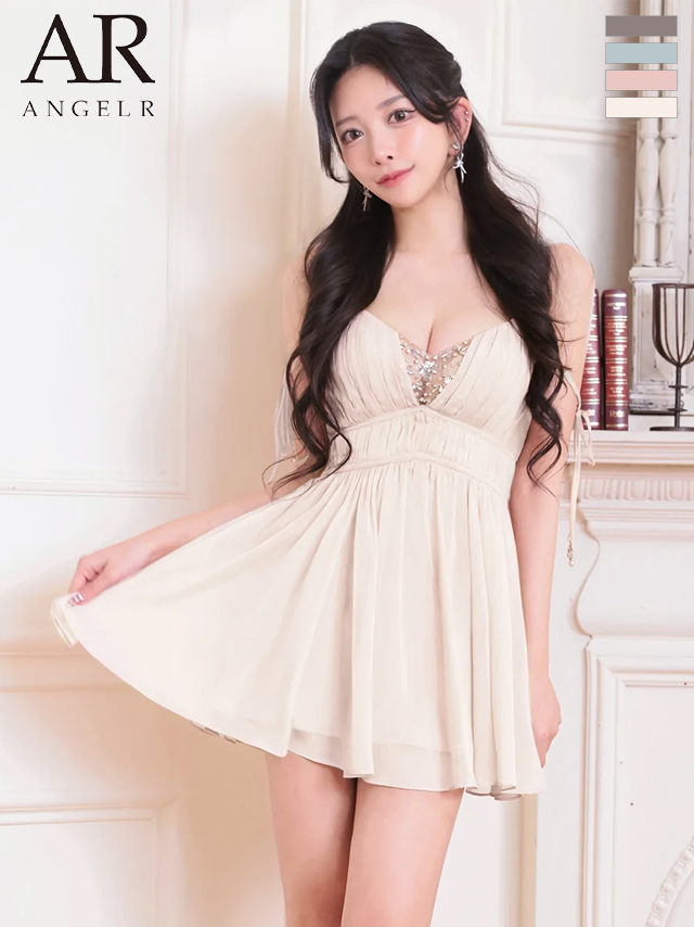 キャミソール リボン Vカット バストビジュー シフォン フレアミニドレス