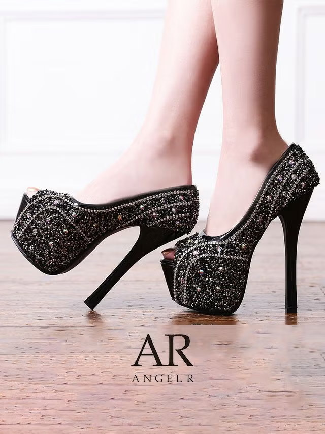 ラインストーンラメ オープントゥハイヒール