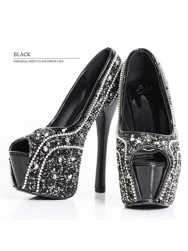 ラインストーンラメ オープントゥハイヒール