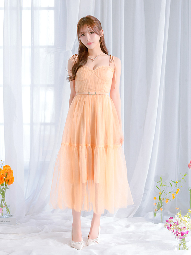 エレガント オープンバスト ベルトデザイン ギャザー チュール キャミソール ショルダーリボン Aラインロングドレス