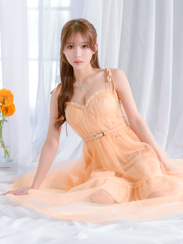 エレガント オープンバスト ベルトデザイン ギャザー チュール キャミソール ショルダーリボン Aラインロングドレス