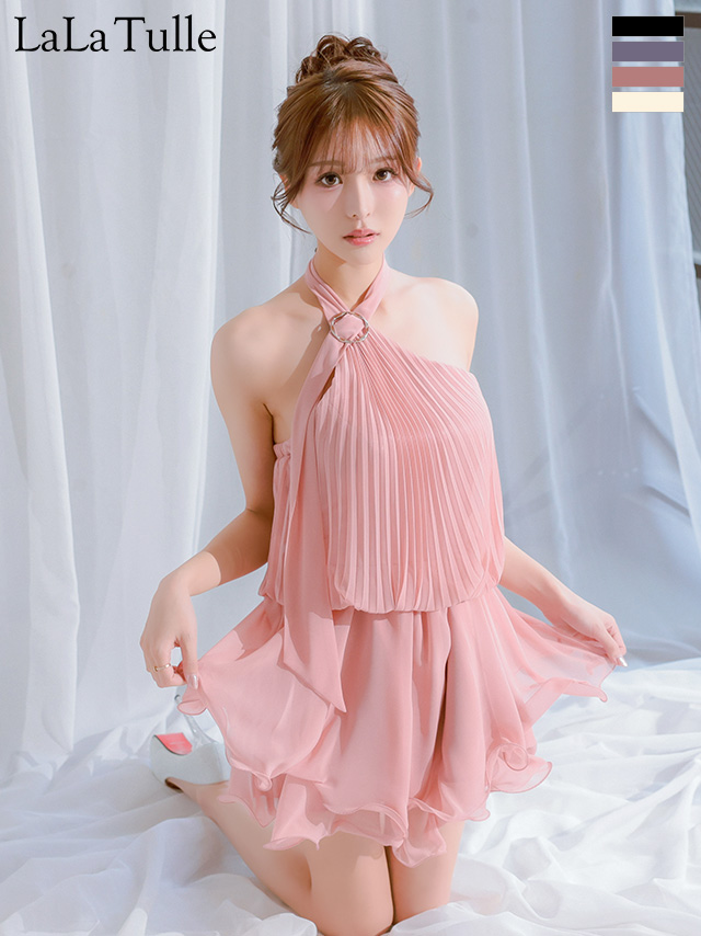 シフォン ホルターネック アコーディオンプリーツ カットオフ フレアミニドレス