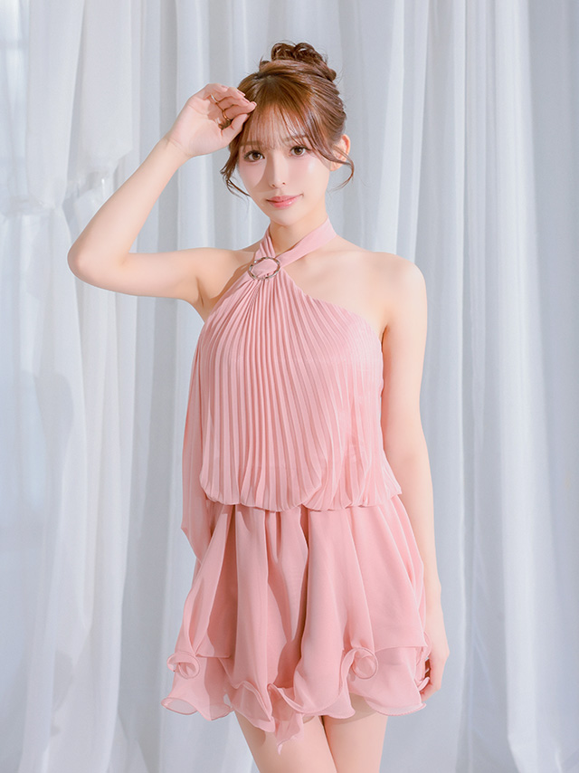 シフォン ホルターネック アコーディオンプリーツ カットオフ フレアミニドレス