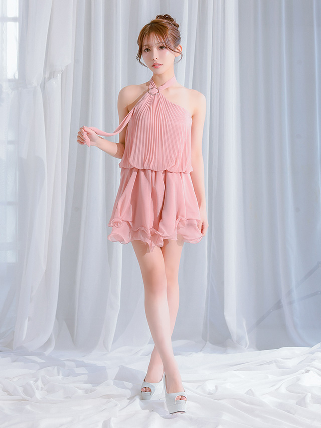 シフォン ホルターネック アコーディオンプリーツ カットオフ フレアミニドレス