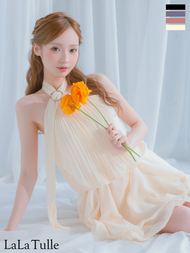 アコーディオンプリーツ カットオフ シフォン ホルターネック フレアミニドレス