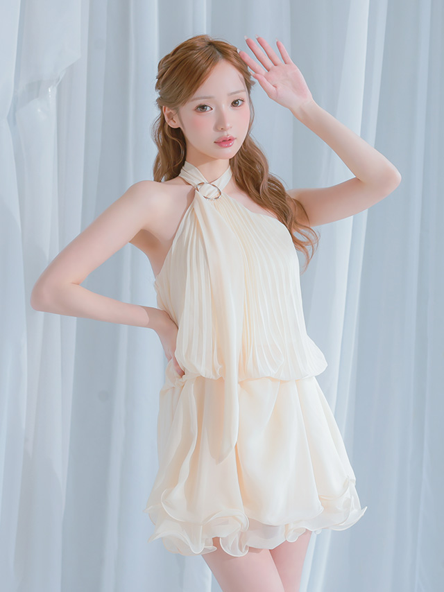 アコーディオンプリーツ カットオフ シフォン ホルターネック フレアミニドレス