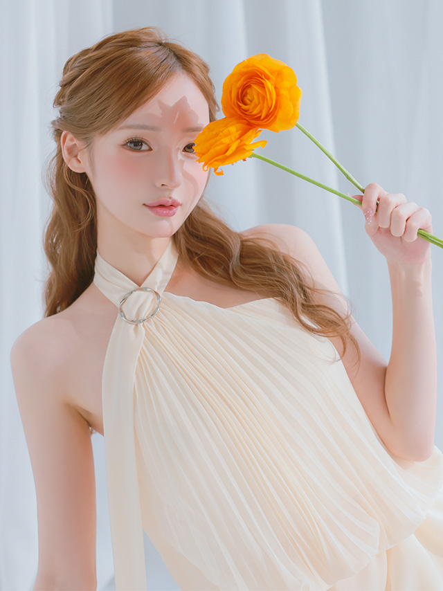 アコーディオンプリーツ カットオフ シフォン ホルターネック フレアミニドレス