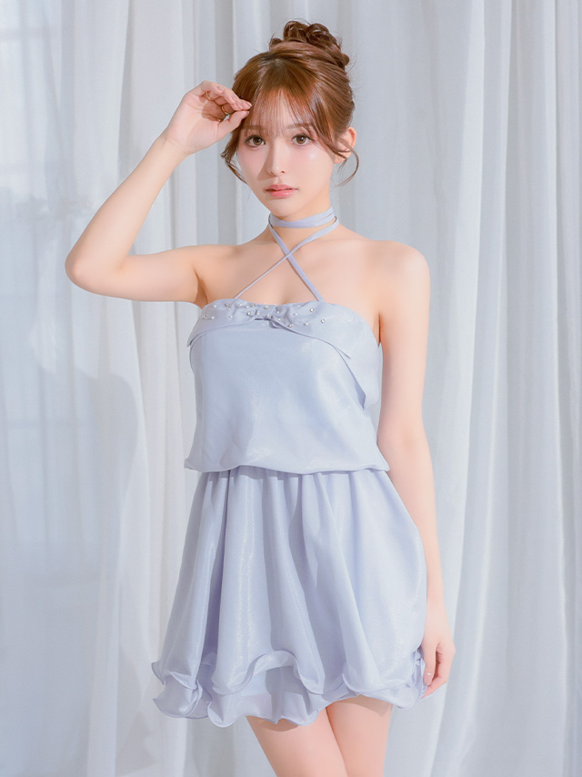 バストリボン ビジュー フリル 2way ホルターネック フレアミニドレス